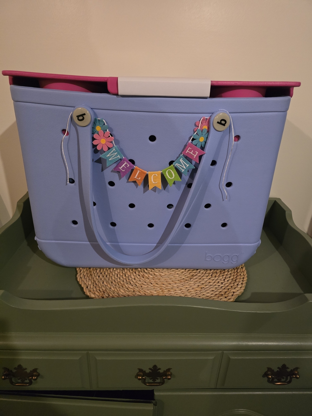 Bogg Bag  in Light Blue with Pink Topper